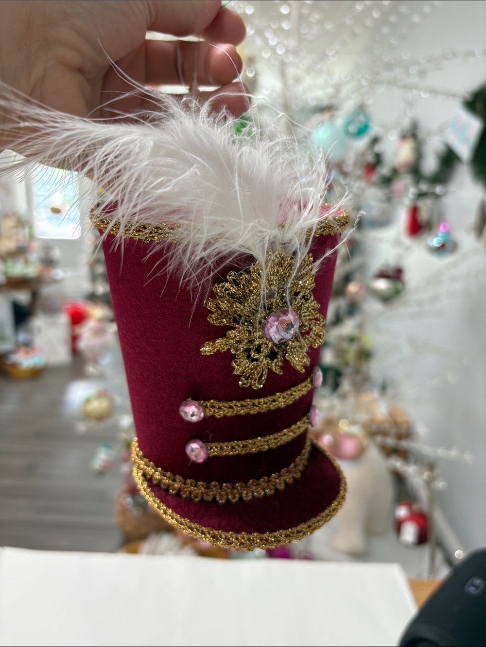 Burgundy Feathered Mini Top Hat Ornament with Gold Trim
